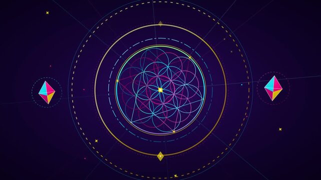 Glowing sacred geometry flower of life pattern rotating on dark background