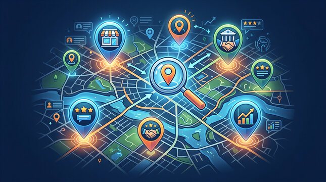 Futuristic digital city map with glowing neon location pins, store icon, network connections, and data analytics charts representing GPS navigation and local business targeting.