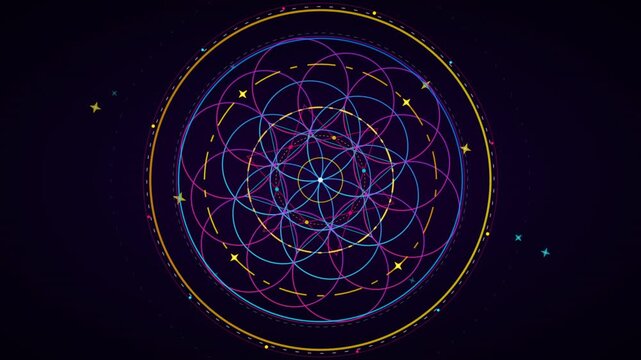 Glowing sacred geometry mandala pattern rotating on dark space background with twinkling stars.