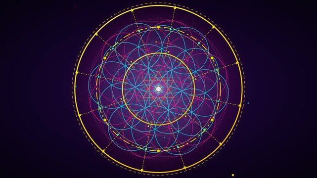 Glowing sacred geometry mandala rotating on dark cosmic background with neon geometric lines