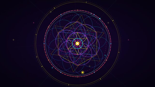Glowing sacred geometry mandala rotating on dark background with colorful lines