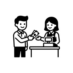Fototapeta premium Customer paying for goods with cash to a cashier at a checkout counter is depicted in a friendly black and white illustration.