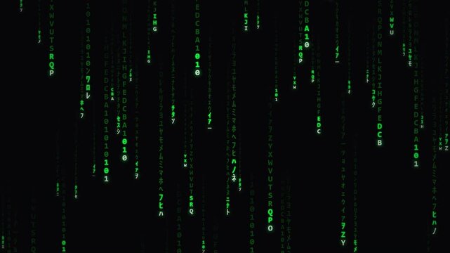 Digital Green Code Rain Falling on Black Background Technology Loop