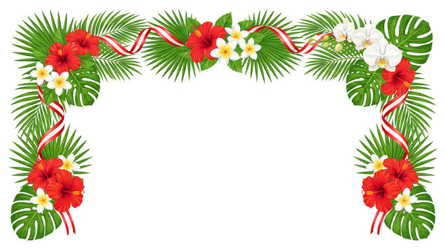 Tropical floral arch with hibiscus, plumeria, orchids, and palm leaves, adorned with a red and white striped ribbon, on a white background.