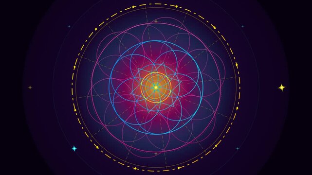 Rotating glowing sacred geometry mandala with neon geometric lines on dark background