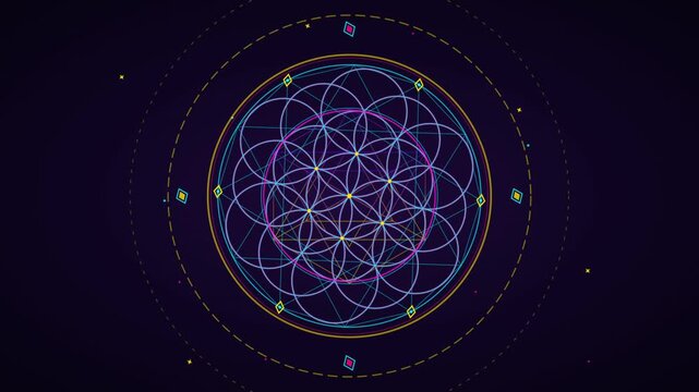 Rotating sacred geometry flower of life mandala with glowing neon geometric lines on dark space background