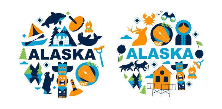 Alaska Circular Travel Icons. Geometric Round Vector Designs