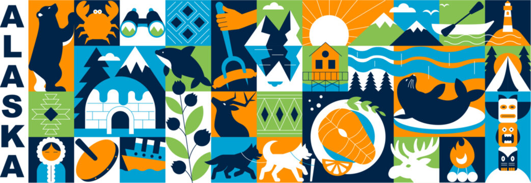 Alaska Geometric Pattern and Banner. Mosaic Elements, Vector Illustration