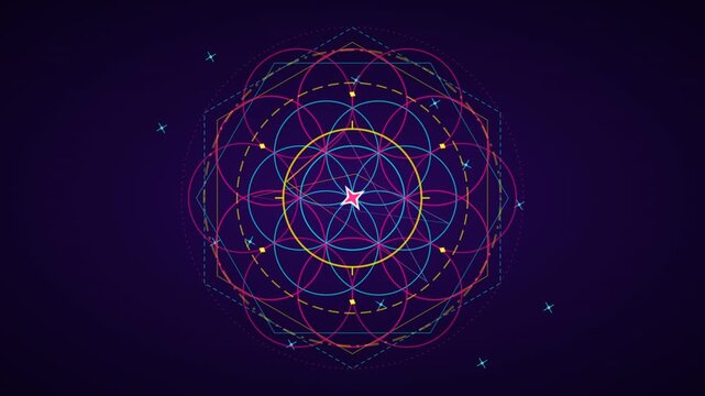 Rotating sacred geometry mandala with glowing neon lines on a dark background.
