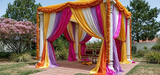 Obraz premium Traditional Indian wedding canopy decorated with colorful drapes and flowers, creating a lively festive ambiance.