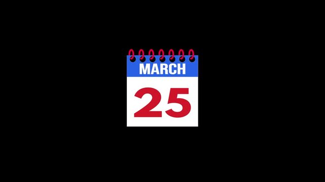Daily Calendar Page Flip Animation from March 24 to March 25 with Page Turn Transition on Black Background. Day to day. date change concept