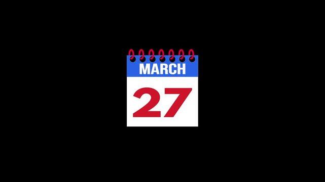Daily Calendar Page Flip Animation from March 26 to March 27 with Page Turn Transition on Black Background. Day to day. date change concept