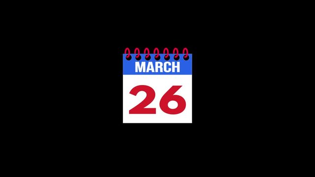 Daily Calendar Page Flip Animation from March 25 to March 26 with Page Turn Transition on Black Background. Day to day. date change concept