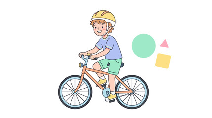Boy wearing helmet riding bicycle on white background.
