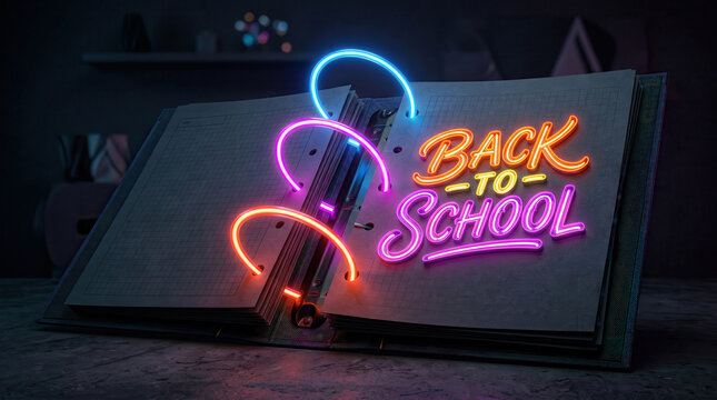 Glowing neon back to school text on open notebook with illuminated binder rings. Dark classroom desk background with moody atmospheric lighting.