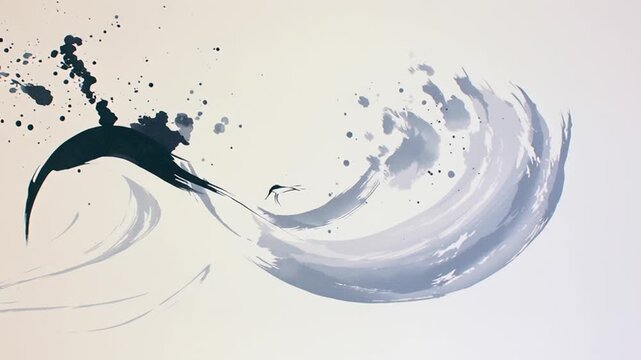 Sumi-e ink wash motion background of flowing waves in black ink