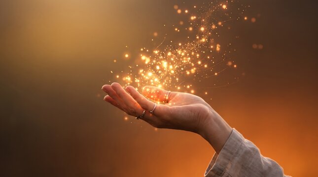 Woman hand holding glowing magical golden dust particles, fantasy of wishes, dreams, miracles and spiritual energy with warm bokeh lighting for creative design projects.