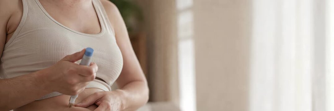 Woman holding GLP-1 injection pen for weight loss treatment, website banner with copy space for text