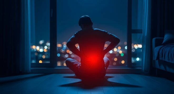 Person experiencing severe lower back pain at night, sitting by a window with city lights in the background.