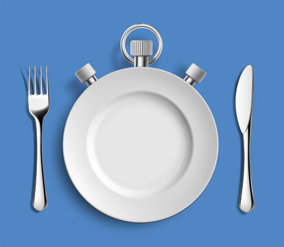 Empty plate as a sports timer with a fork and a table knife. Vector illustration