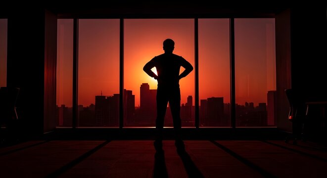 Silhouette of person looking out office window at city skyline during beautiful sunset, symbolizing success and future