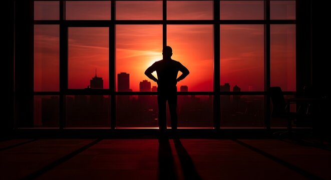 Silhouette of person with hands on hips watching dramatic red sunset over city skyline from high-rise window