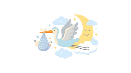 Cute cartoon stork delivering baby bundle with smiling moon and clouds