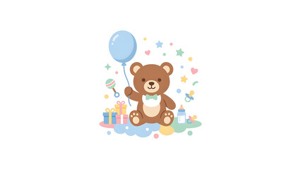 Fototapeta premium Cute teddy bear with baby essentials for newborn celebration