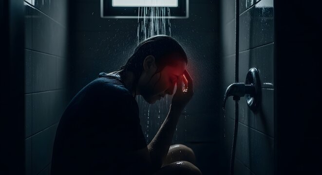 Distressed person in dark shower with glowing headache, symbolizing mental pain, stress, and depression