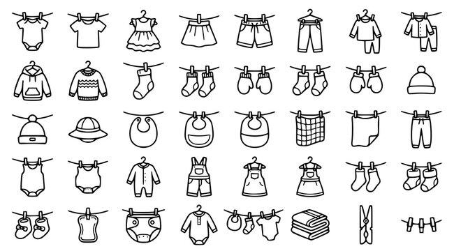 Cartoon children's clothes drying vector set with baby garments clothesline clothespins shirts dresses and laundry illustrations isolated on white background