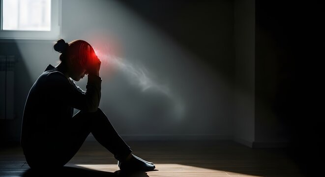 Dramatic silhouette of person with glowing headache, suffering from stress and pain in a dark, lonely room. Mental health concept.