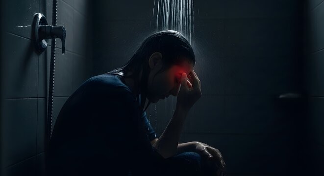 Woman in dark shower with glowing red eyes, representing headache, stress, pain, and mental health issues.