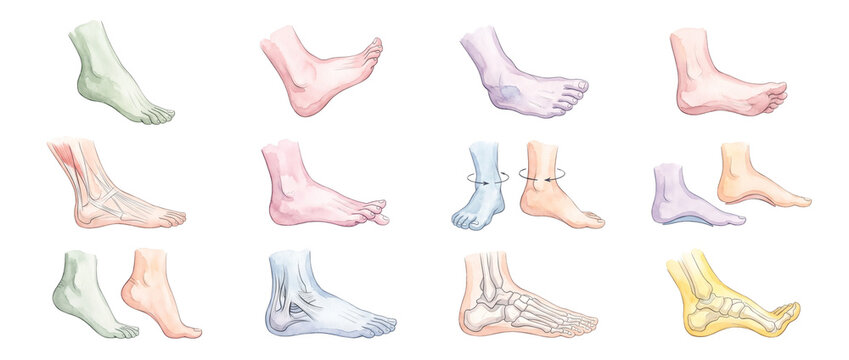 Human foot anatomy medical illustration showing ankle pain orthopedic conditions, podiatry biomechanics, bone skeletal structure, flat feet and joint care for educational healthcare diagram set.
