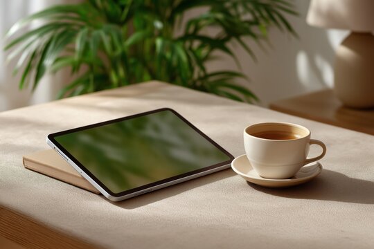 Digital tablet and coffee cup on a wooden table with houseplants, remote work, cozy lifestyle, modern productivity, home office.