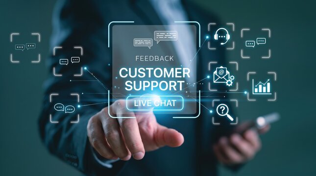 Businessman touching holographic customer support interface, live chat and feedback, modern technology for client service, digital communication network, virtual screen with icons