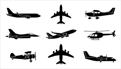 Set of black silhouettes of various airplanes, helicopters, and aviation aircraft collection © Craft Designer