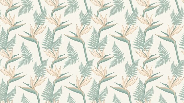 Elegant bird of paradise and fern seamless pattern tropical floral background vector