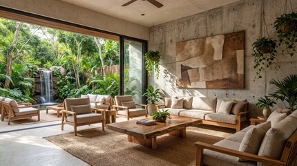 Fototapeta premium Luxury modern tropical villa living room with wooden furniture opening to garden and waterfall