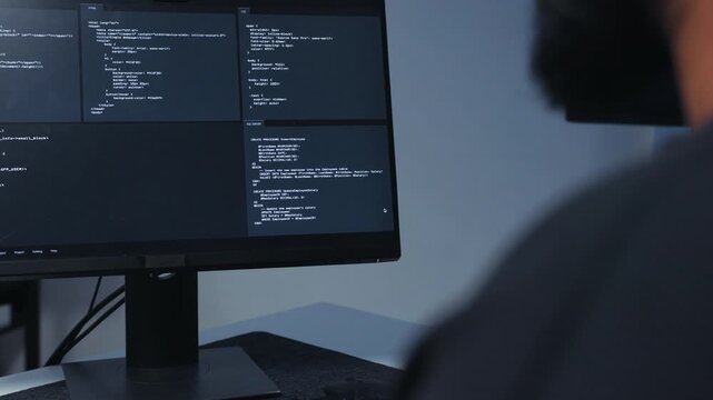 Computer Screen with Coding and Software Application, Concentrated of Indian Male Computer Programmer working on coding task, writing code and development new ai model at desk in tech office.