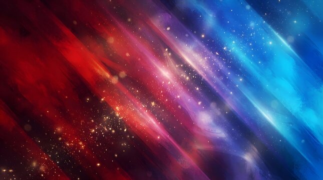 Abstract background with diagonal streaks of red and blue light and sparkling particles