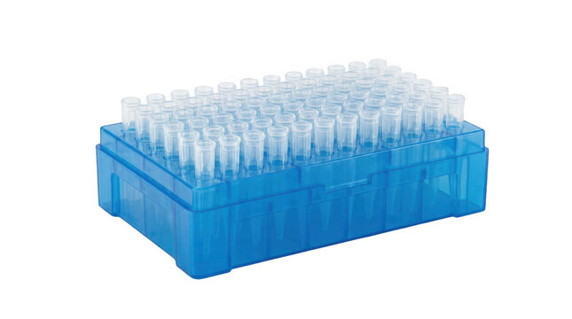 Clear plastic pipette tips neatly organized in a vibrant blue laboratory rack for scientific research analysis and medical experiments transparent background