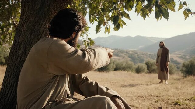 Philip calling Nathanael under the tree. Biblical scene of Jesus standing in a grassy field. Calling of the disciples narrative