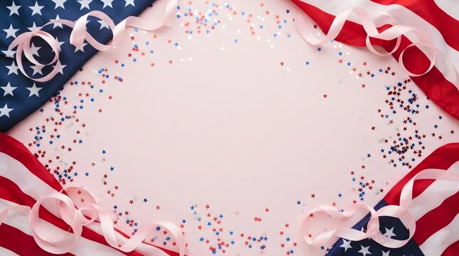 American flag background with red, white, and blue star confetti and ribbons