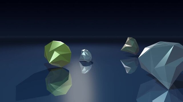 Low poly reflective objects falling in slow motion