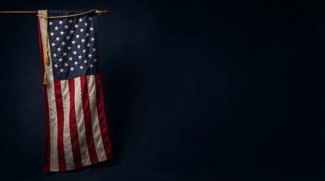 Vertical american flag hanging on a dark background