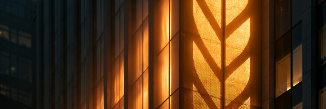 Golden reflections on a modern building's facade showcasing a leaf design.