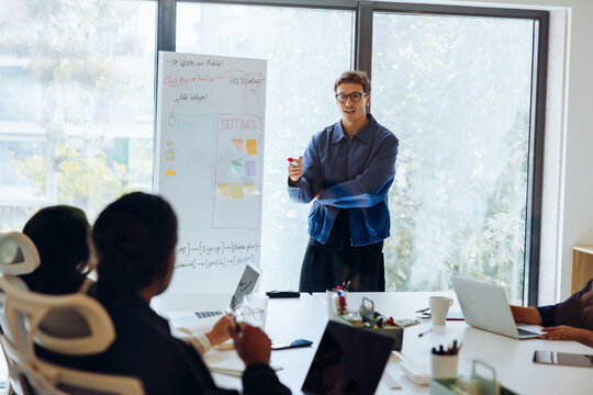 Man presents UX plan to team with whiteboard
