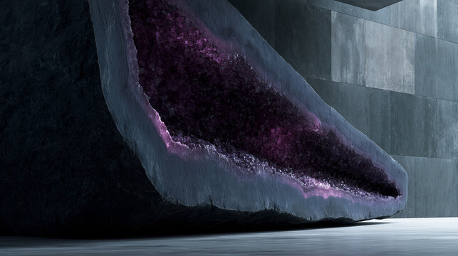 A stunning amethyst geode with rich purple hues against a modern industrial backdrop.