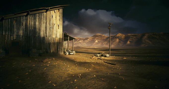 Derelict shelter under dark clouds with guiding rocks and tracks, Isolated shelter beneath heavy clouds with rocks and tire marks leading to corrugated wall