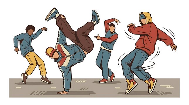Group of dancers performing hip-hop moves in retro tracksuits